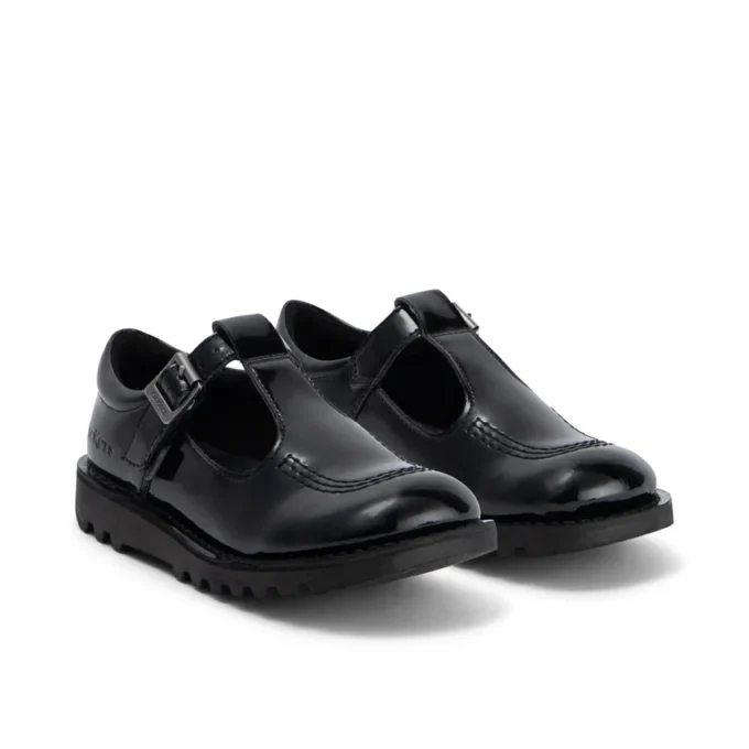 Junior Girls Kick T Bar Leather Alternative Patent Leather Black