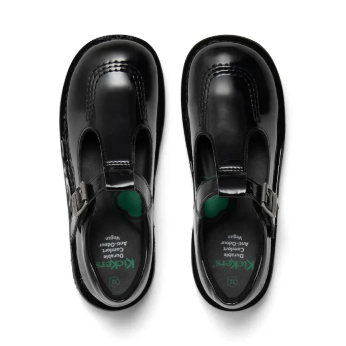 Junior Girls Kick T Bar Leather Alternative Patent Leather Black